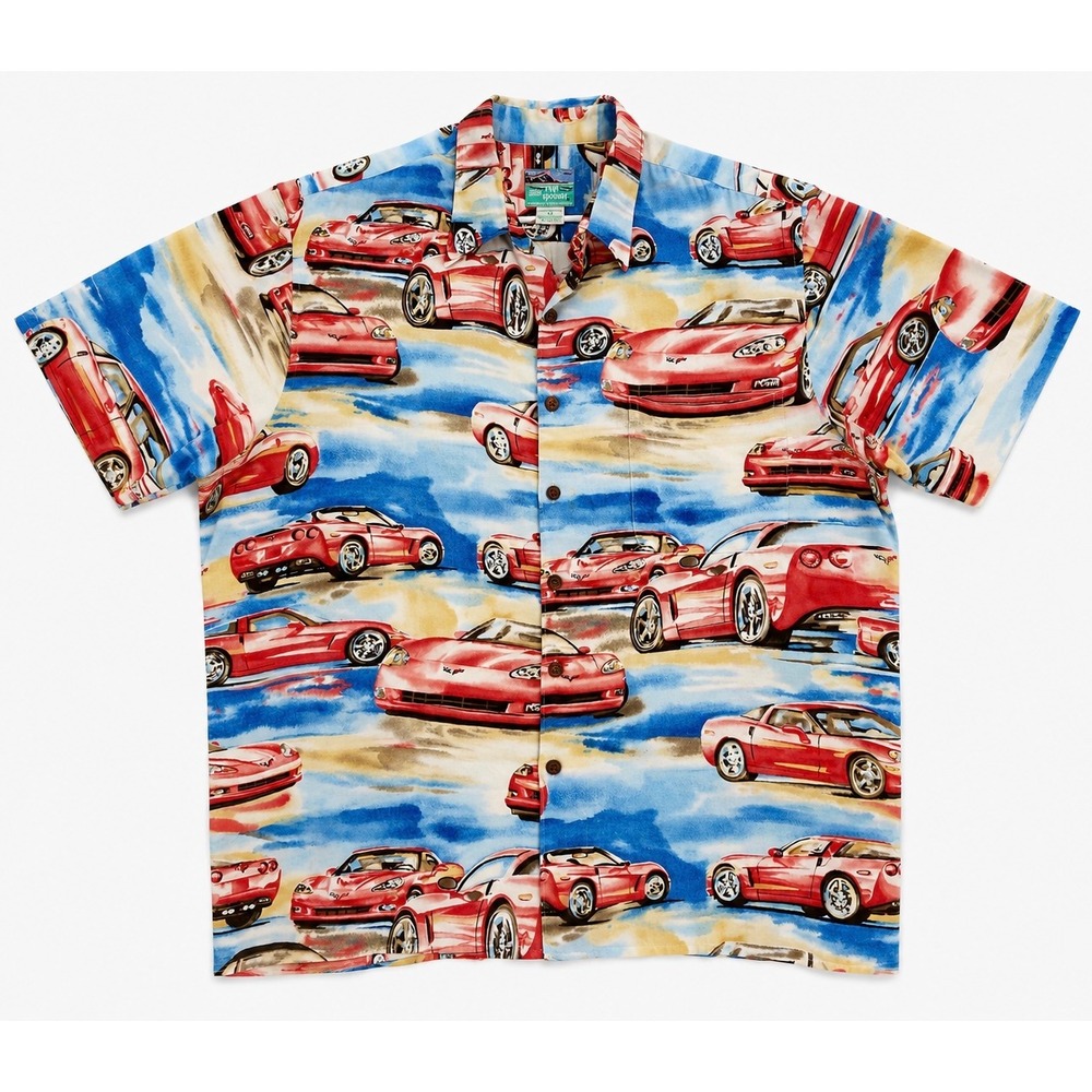 Reyn Spooner Corvette Hawaiian Aloha Shirt Mens L 100% Rayon Chevy Sports Car